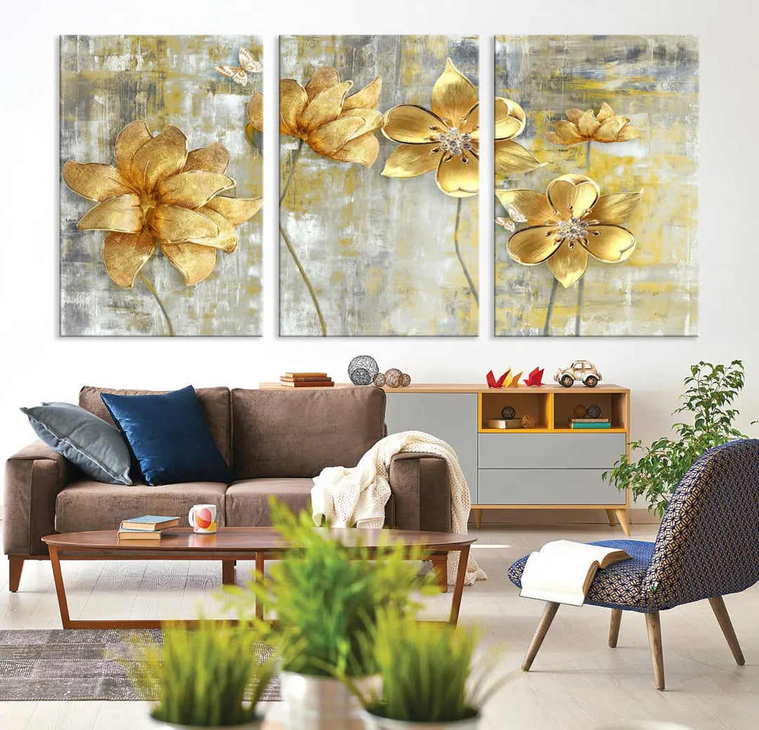 Large Golden Flowers Painting on Original Canvas Print Framed Wall Art