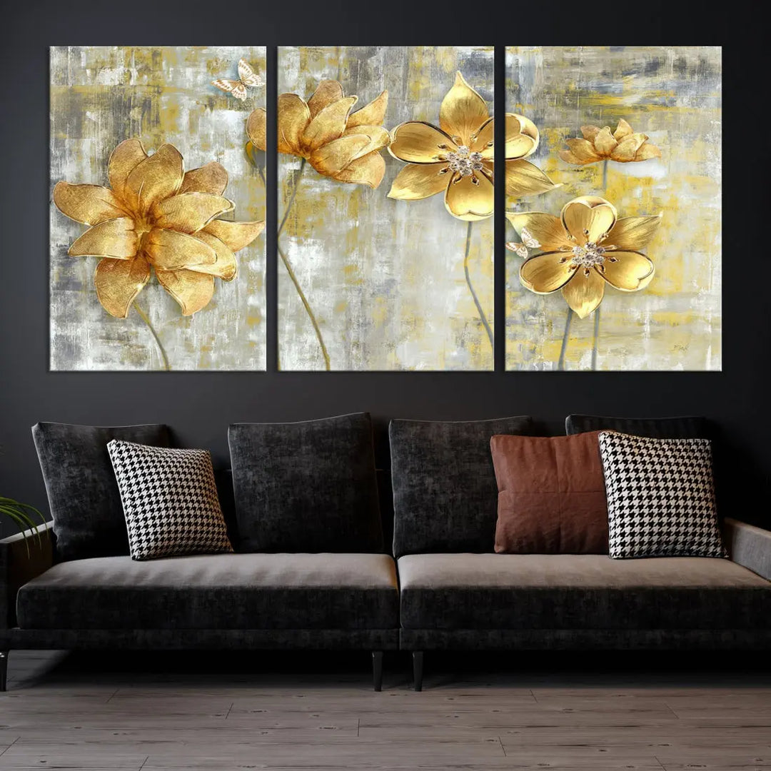 Large Golden Flowers Painting on Original Canvas Print Framed Wall Art