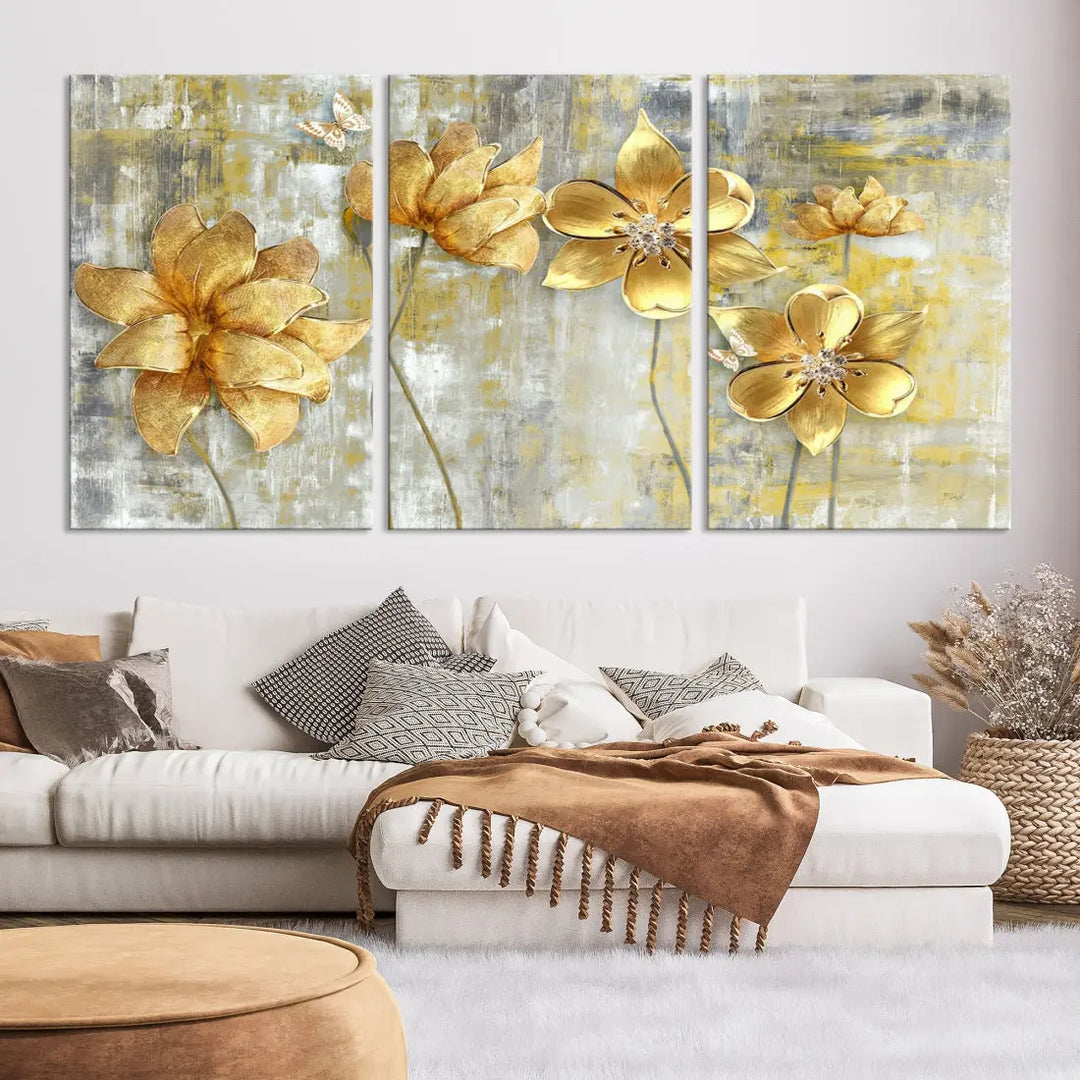 Large Golden Flowers Painting on Original Canvas Print Framed Wall Art