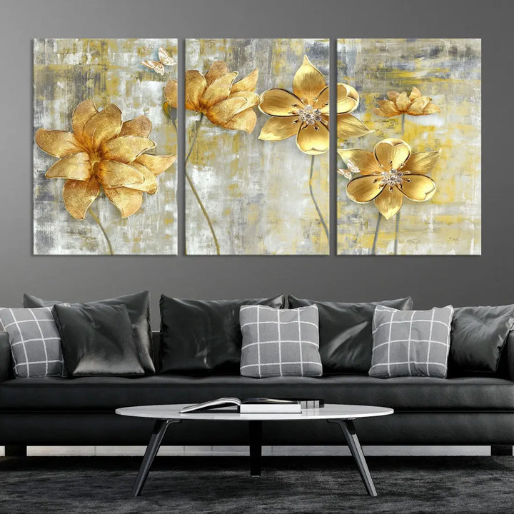 Large Golden Flowers Painting on Original Canvas Print Framed Wall Art