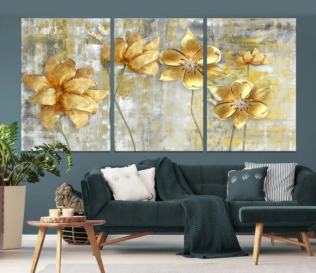 Large Golden Flowers Painting on Original Canvas Print Framed Wall Art