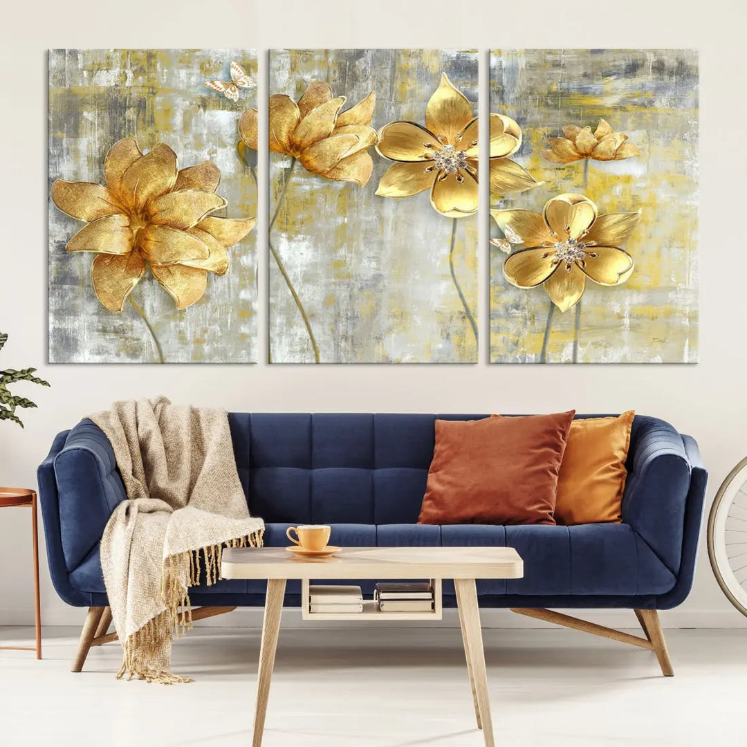 Large Golden Flowers Painting on Original Canvas Print Framed Wall Art