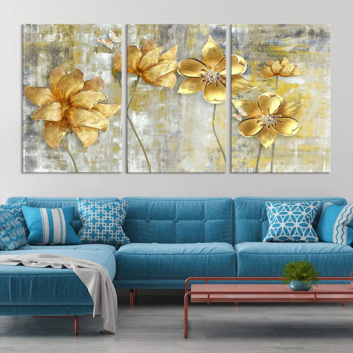 Large Golden Flowers Painting on Original Canvas Print Framed Wall Art