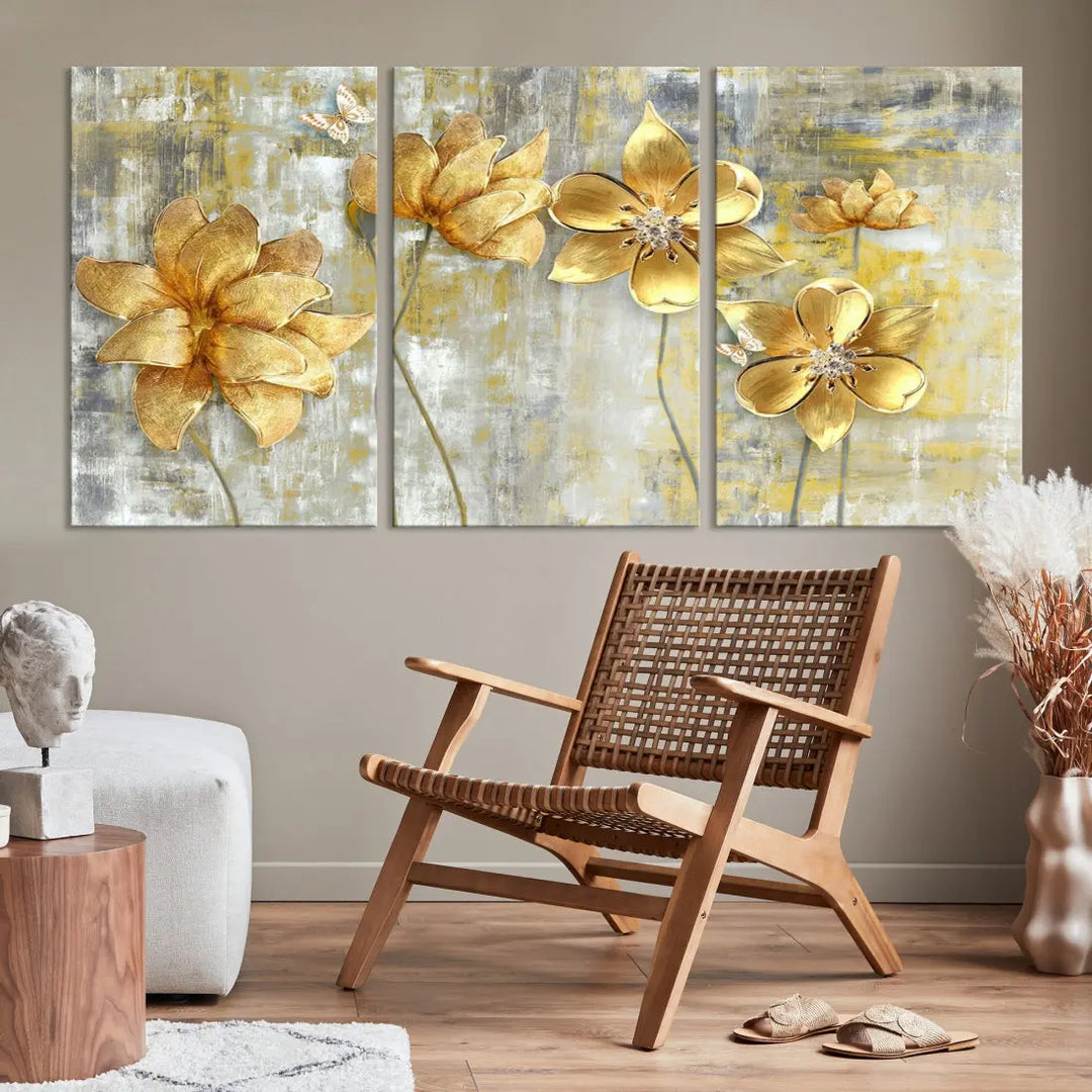 Large Golden Flowers Painting on Original Canvas Print Framed Wall Art