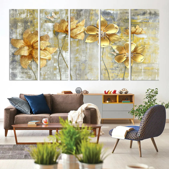 Large Golden Flowers Painting on Original Canvas Print Framed Wall Art