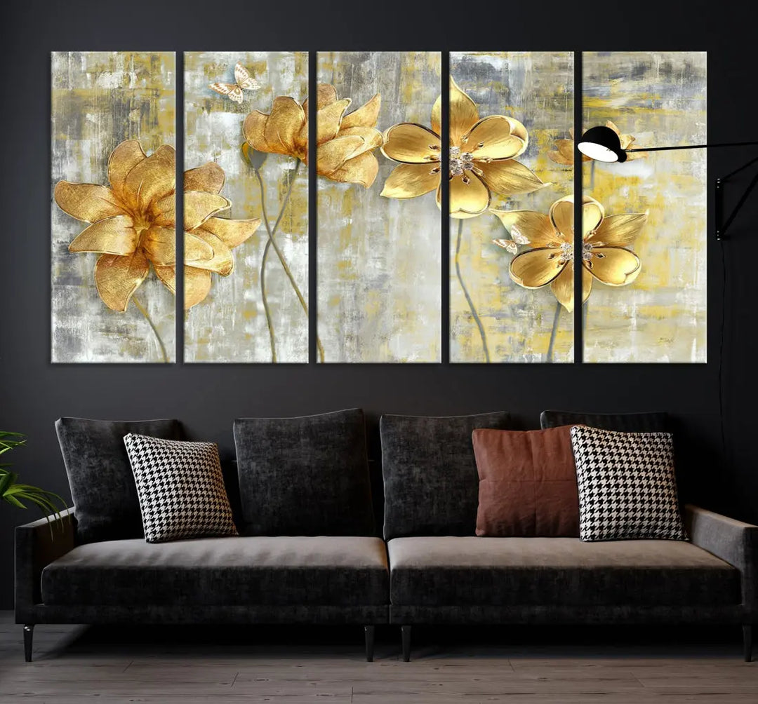 Large Golden Flowers Painting on Original Canvas Print Framed Wall Art