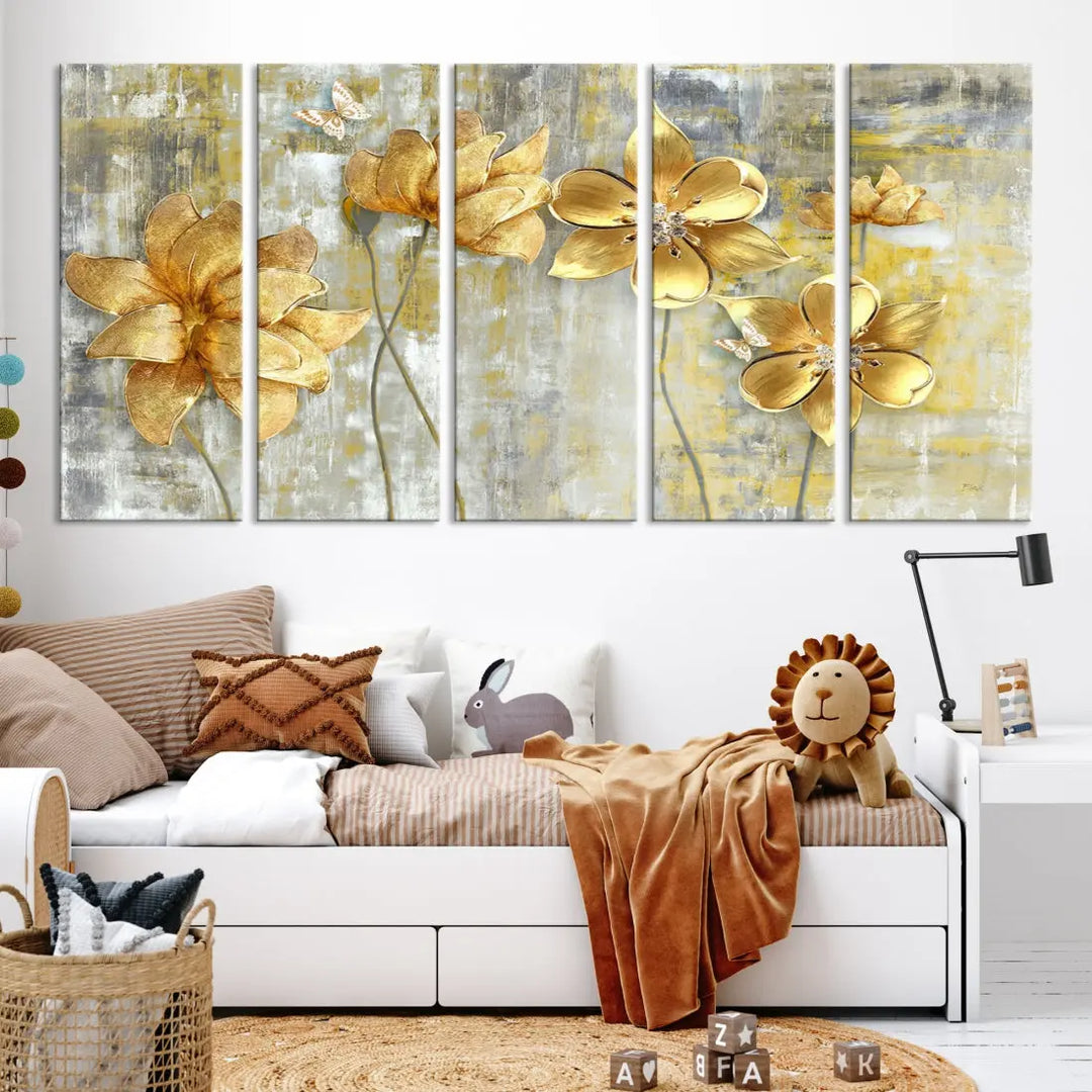 Large Golden Flowers Painting on Original Canvas Print Framed Wall Art