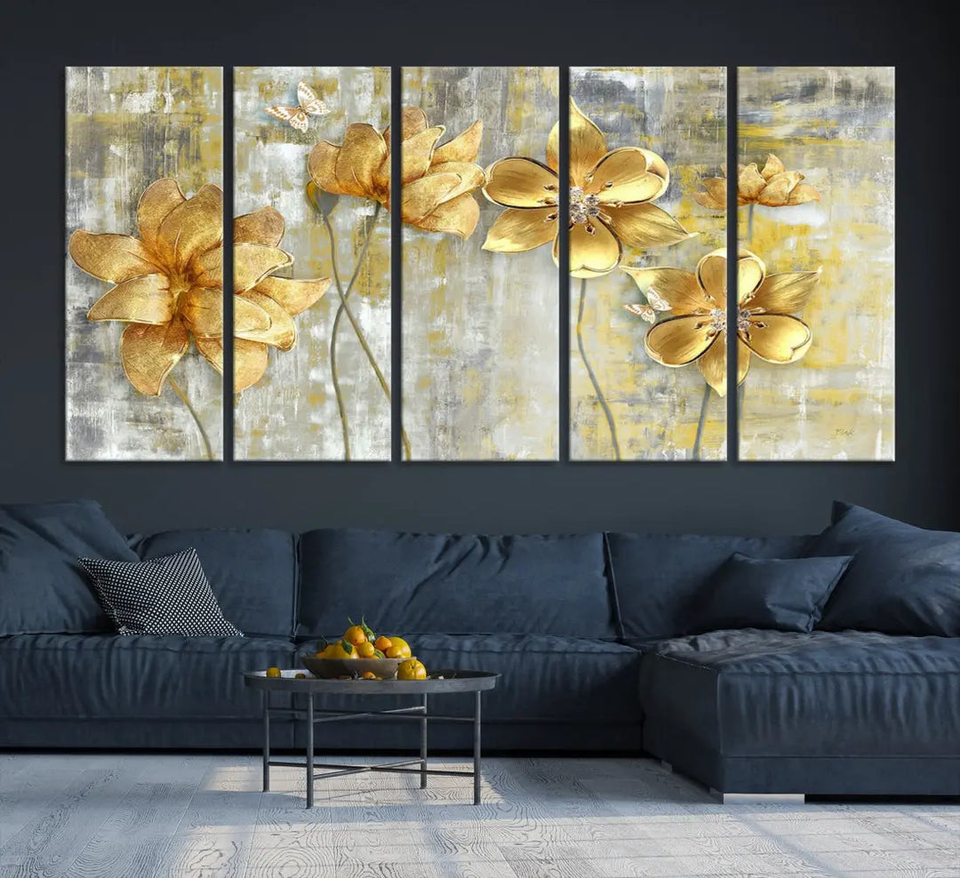 Large Golden Flowers Painting on Original Canvas Print Framed Wall Art