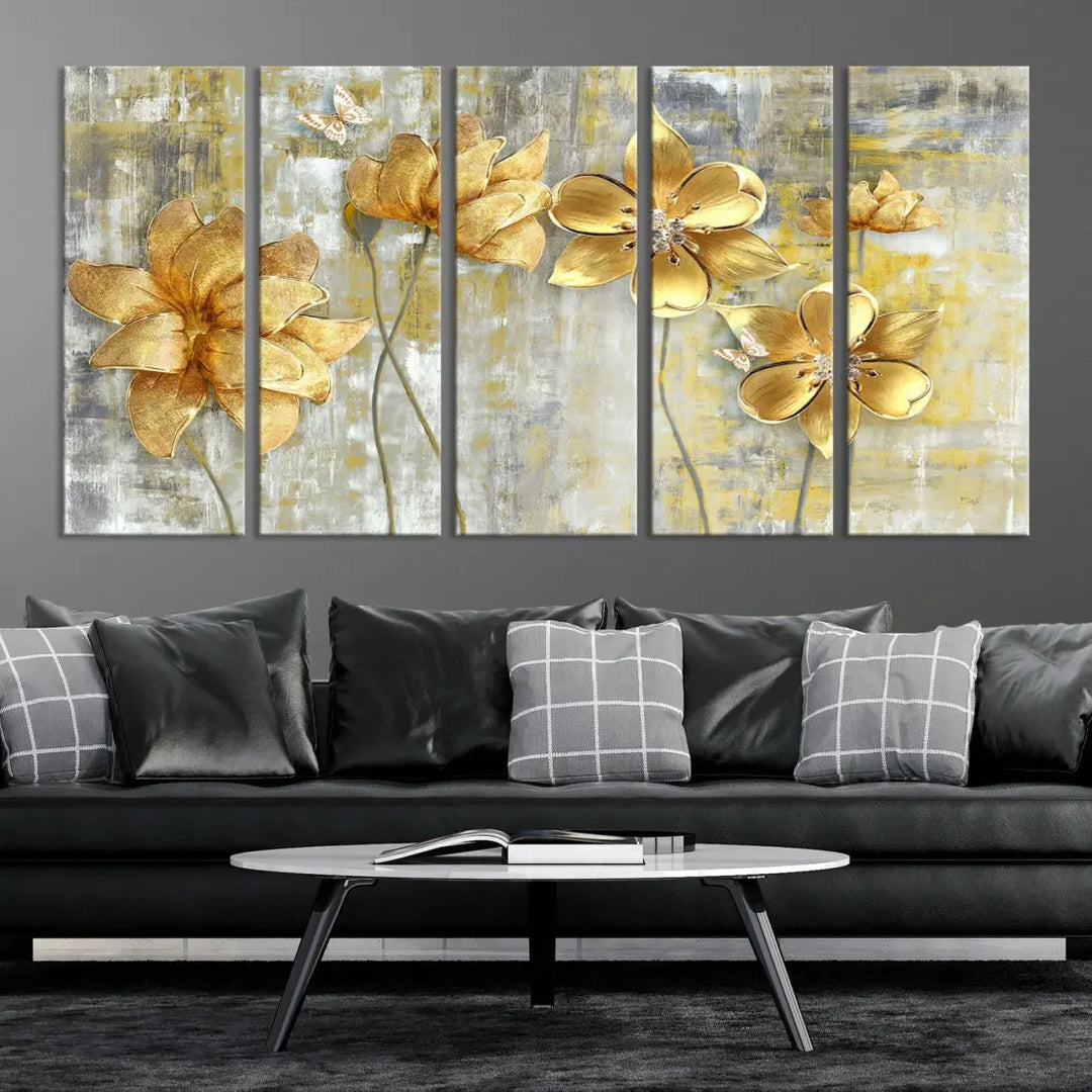 Large Golden Flowers Painting on Original Canvas Print Framed Wall Art