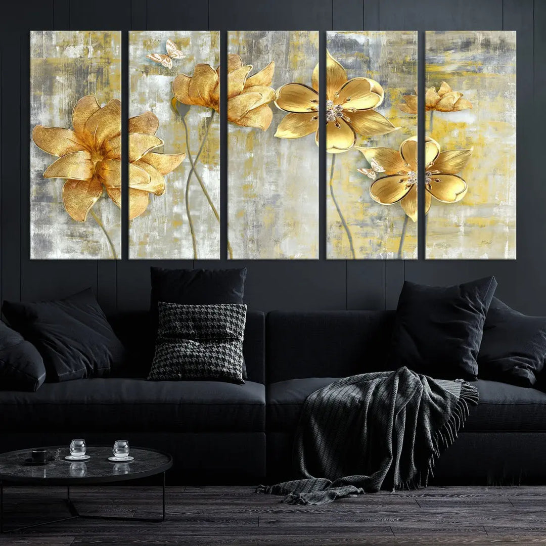 Large Golden Flowers Painting on Original Canvas Print Framed Wall Art