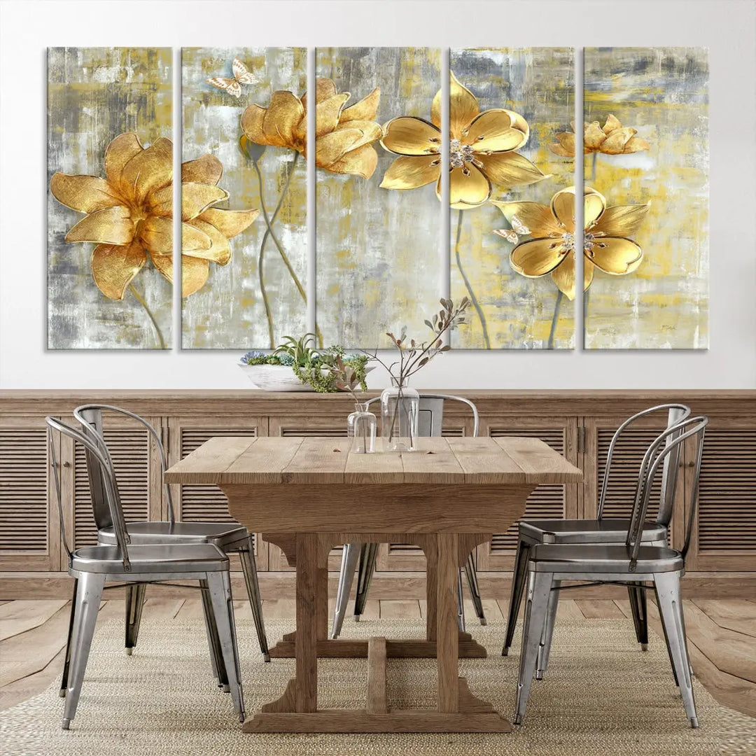 Large Golden Flowers Painting on Original Canvas Print Framed Wall Art