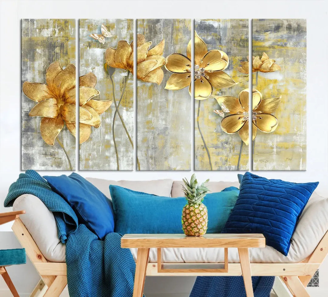 Large Golden Flowers Painting on Original Canvas Print Framed Wall Art