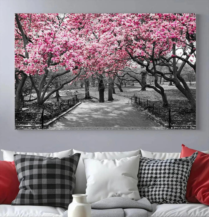 Large Pink Trees Black and White Landscape Nature Wall Art Canvas Print