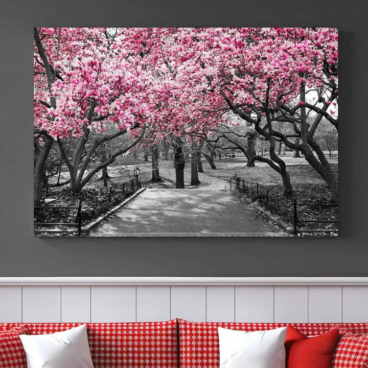 Large Pink Trees Black and White Landscape Nature Wall Art Canvas Print