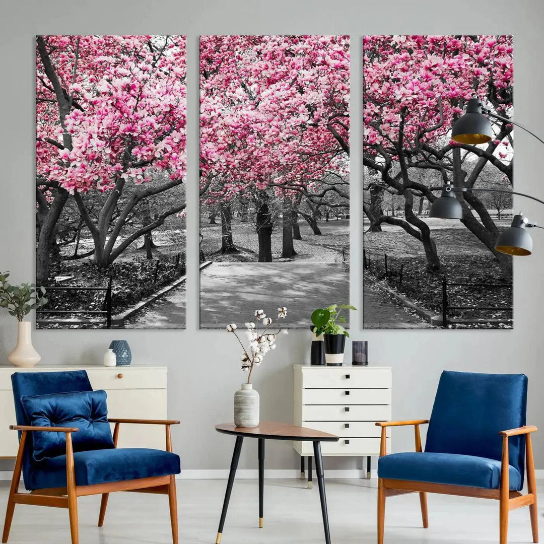 Large Pink Trees Black and White Landscape Nature Wall Art Canvas Print