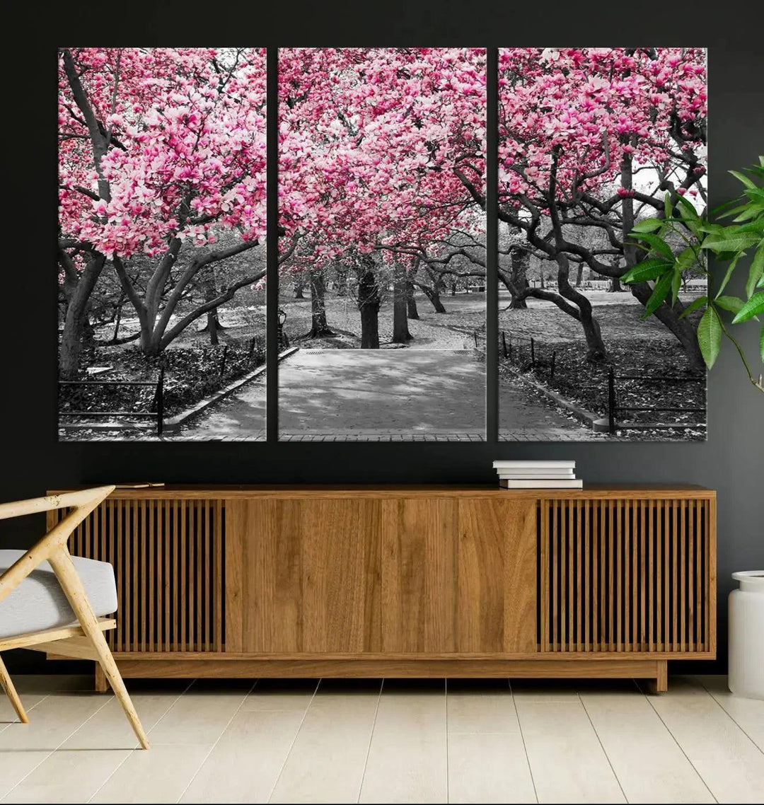 Large Pink Trees Black and White Landscape Nature Wall Art Canvas Print