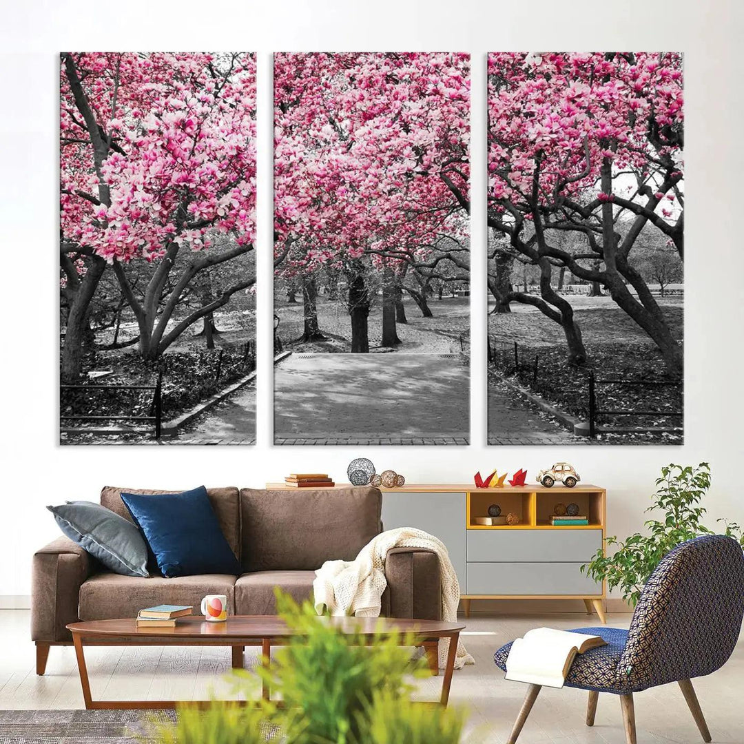 Large Pink Trees Black and White Landscape Nature Wall Art Canvas Print