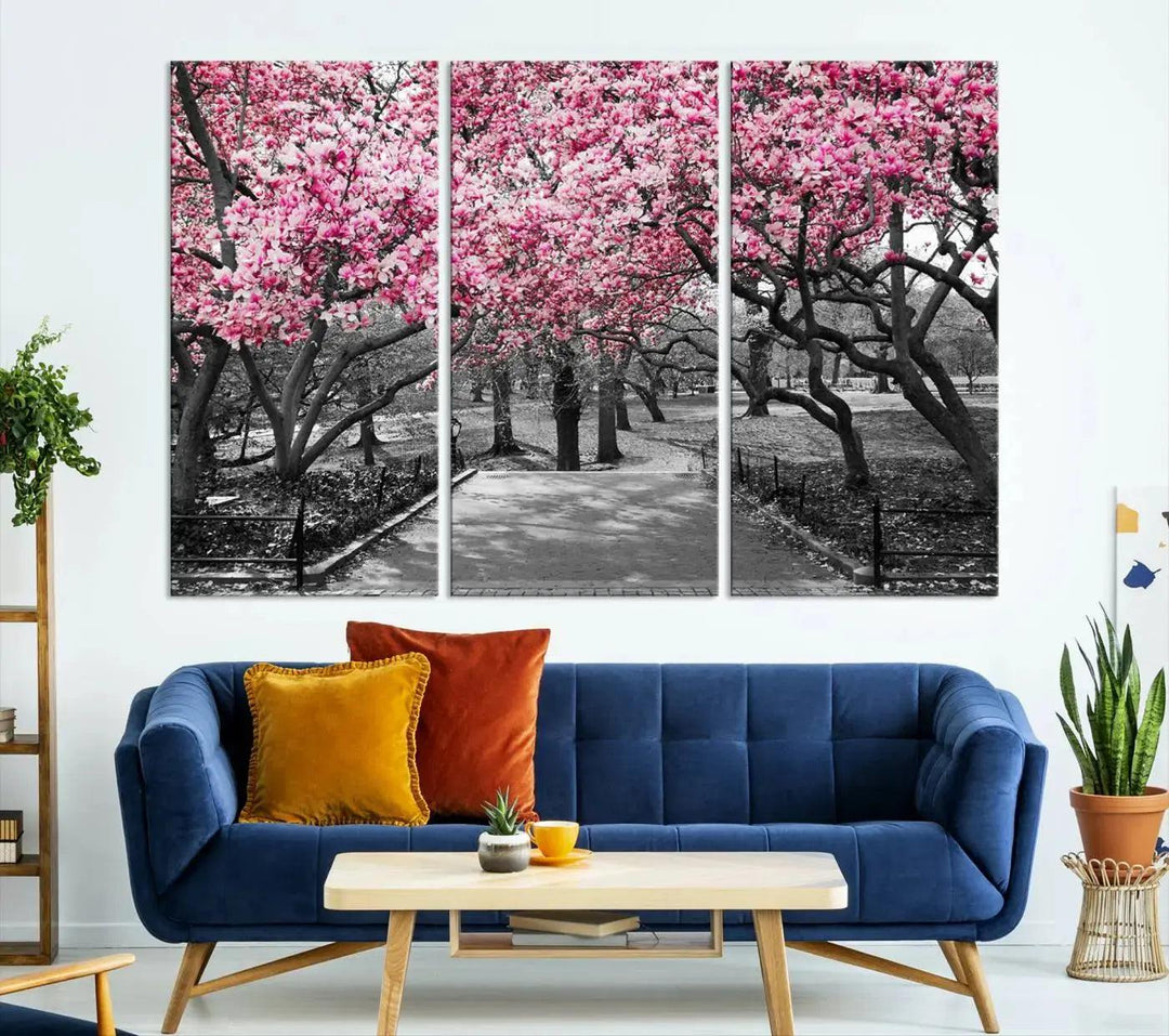 Large Pink Trees Black and White Landscape Nature Wall Art Canvas Print