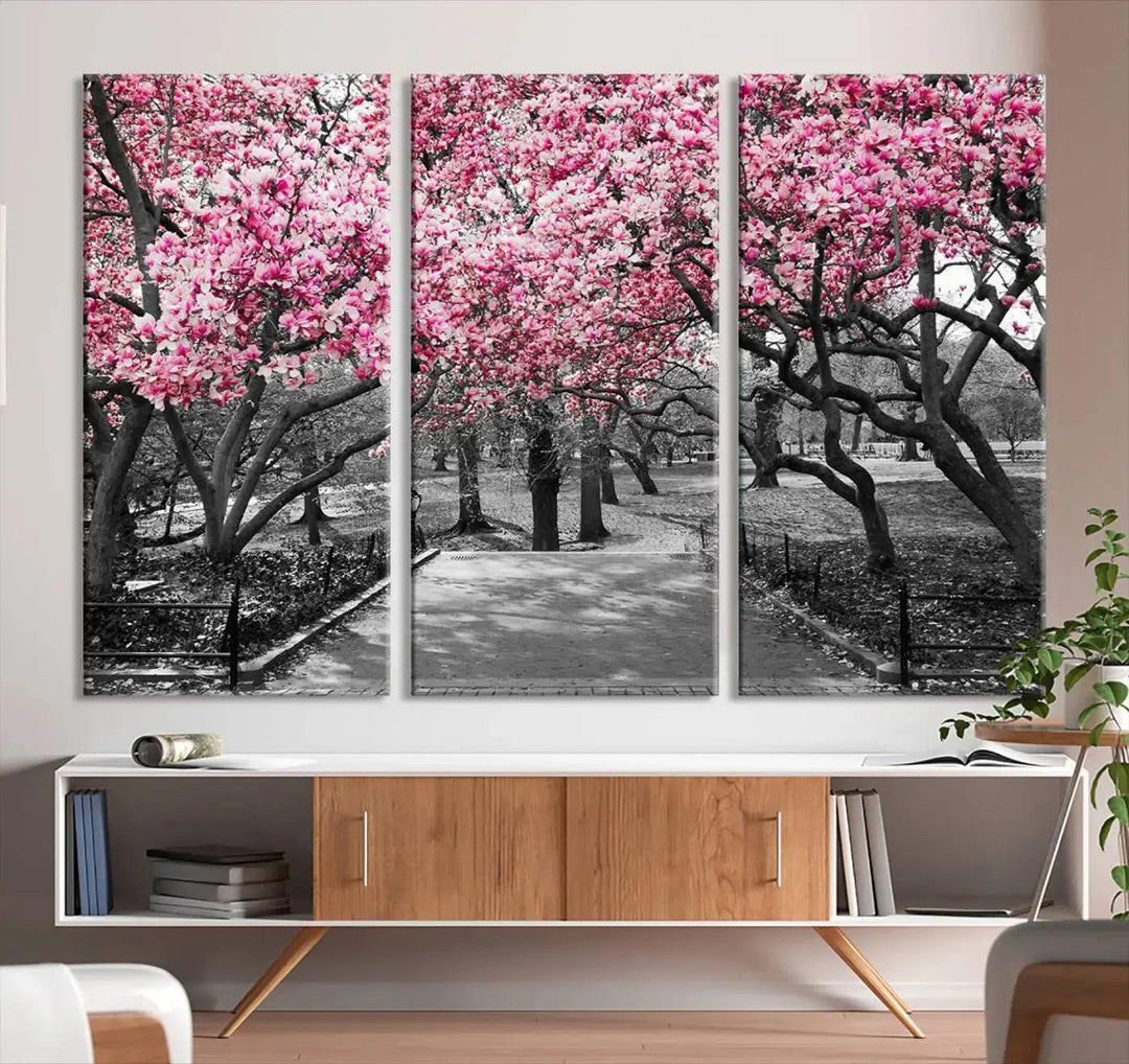 Large Pink Trees Black and White Landscape Nature Wall Art Canvas Print