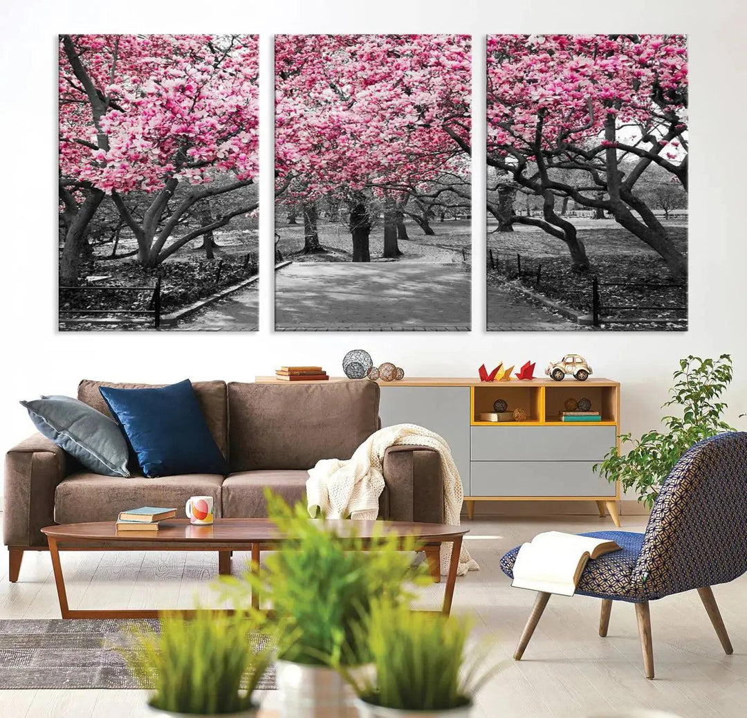 Large Pink Trees Black and White Landscape Nature Wall Art Canvas Print