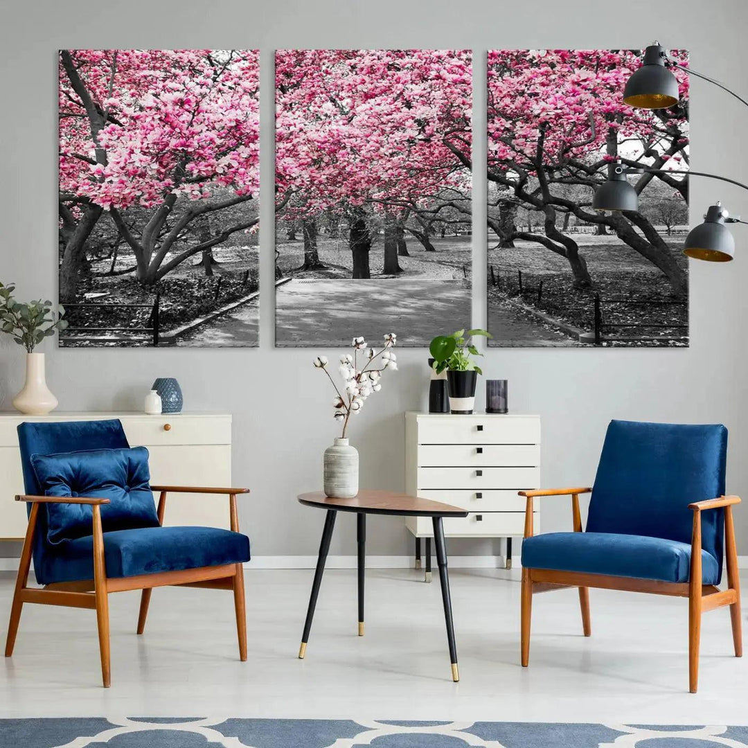 Large Pink Trees Black and White Landscape Nature Wall Art Canvas Print