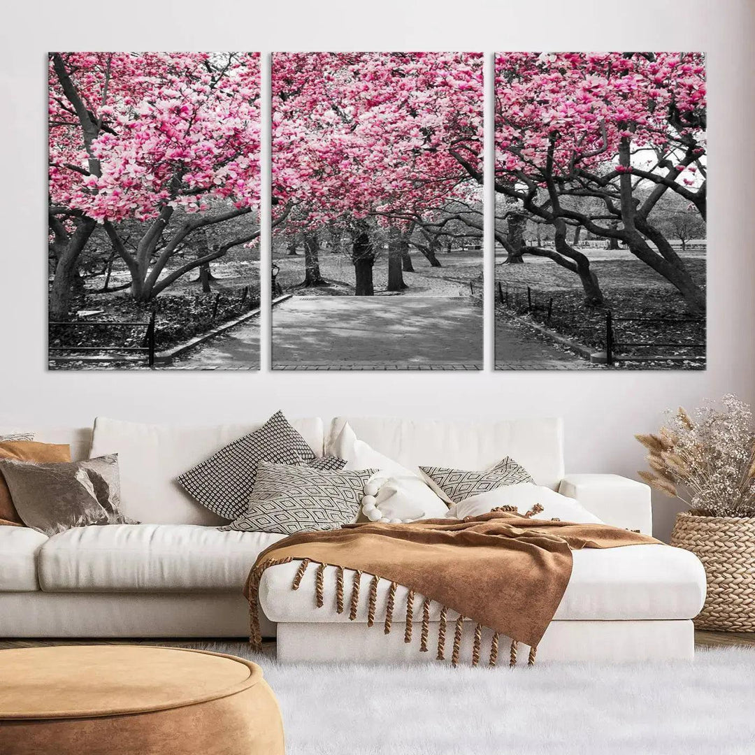 Large Pink Trees Black and White Landscape Nature Wall Art Canvas Print