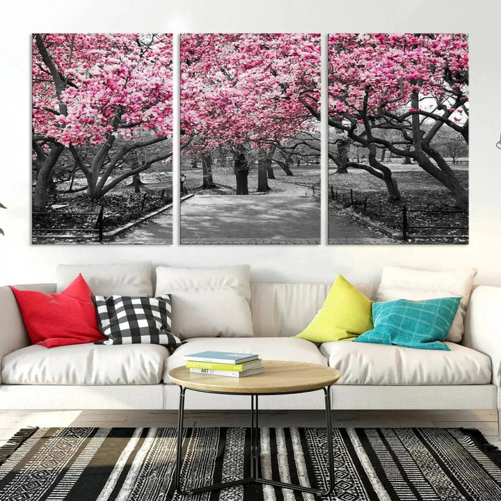 Large Pink Trees Black and White Landscape Nature Wall Art Canvas Print