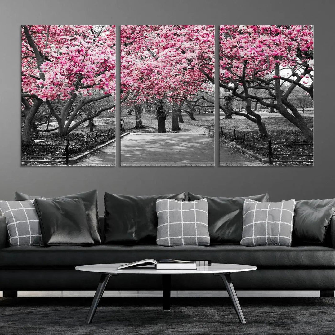 Large Pink Trees Black and White Landscape Nature Wall Art Canvas Print