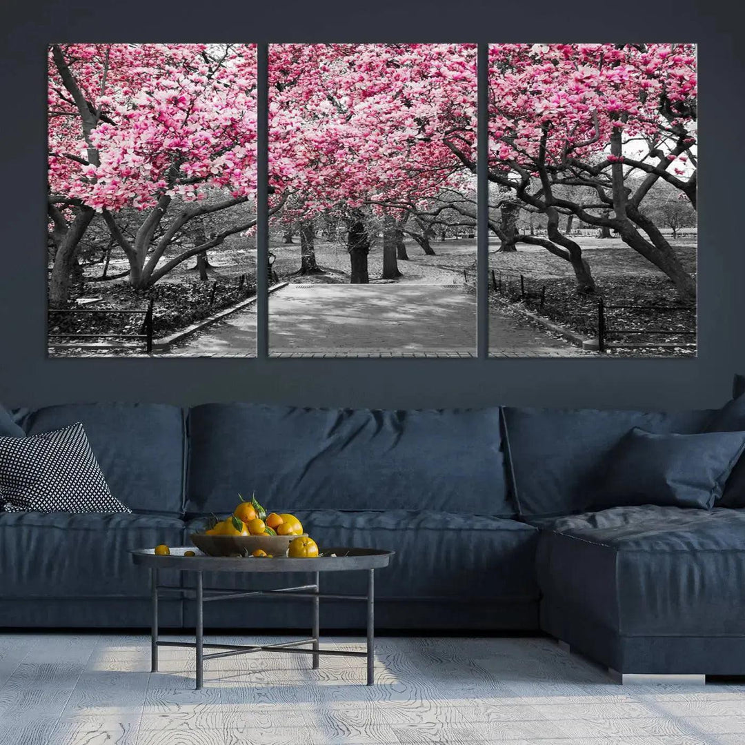 Large Pink Trees Black and White Landscape Nature Wall Art Canvas Print