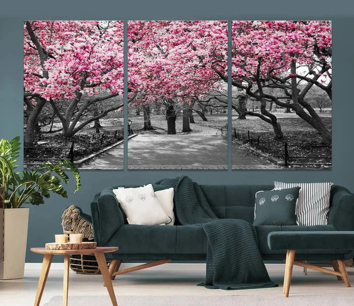 Large Pink Trees Black and White Landscape Nature Wall Art Canvas Print