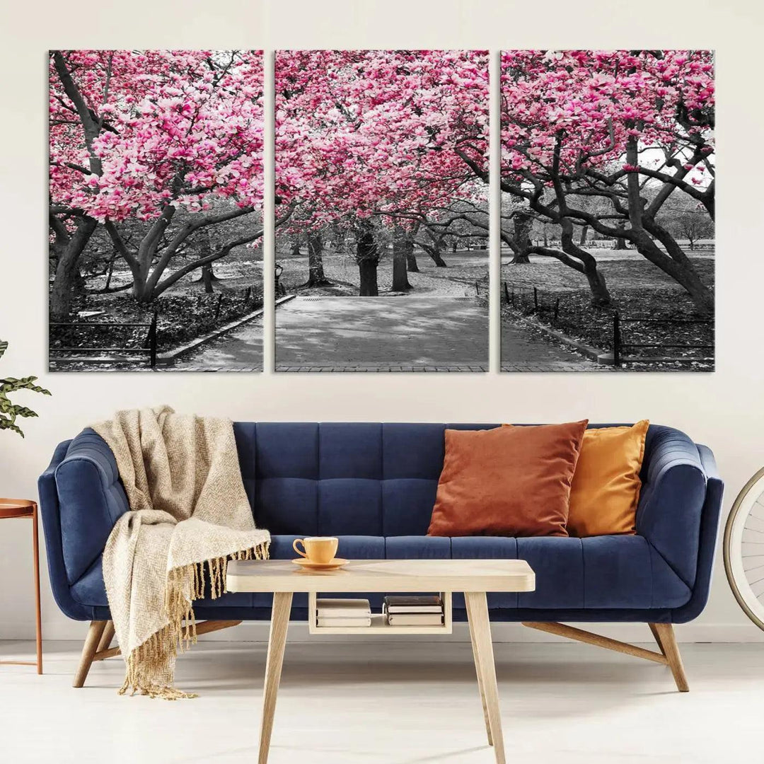 Large Pink Trees Black and White Landscape Nature Wall Art Canvas Print