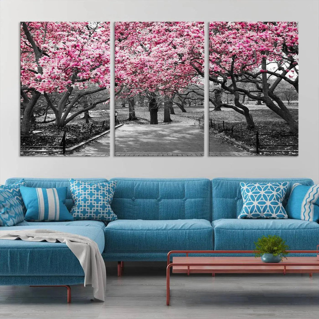 Large Pink Trees Black and White Landscape Nature Wall Art Canvas Print