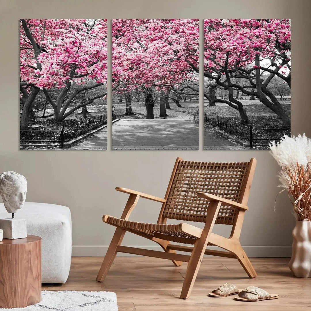 Large Pink Trees Black and White Landscape Nature Wall Art Canvas Print