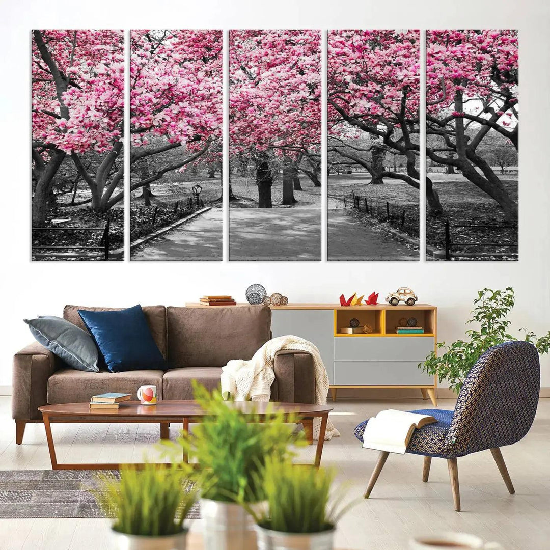 Large Pink Trees Black and White Landscape Nature Wall Art Canvas Print