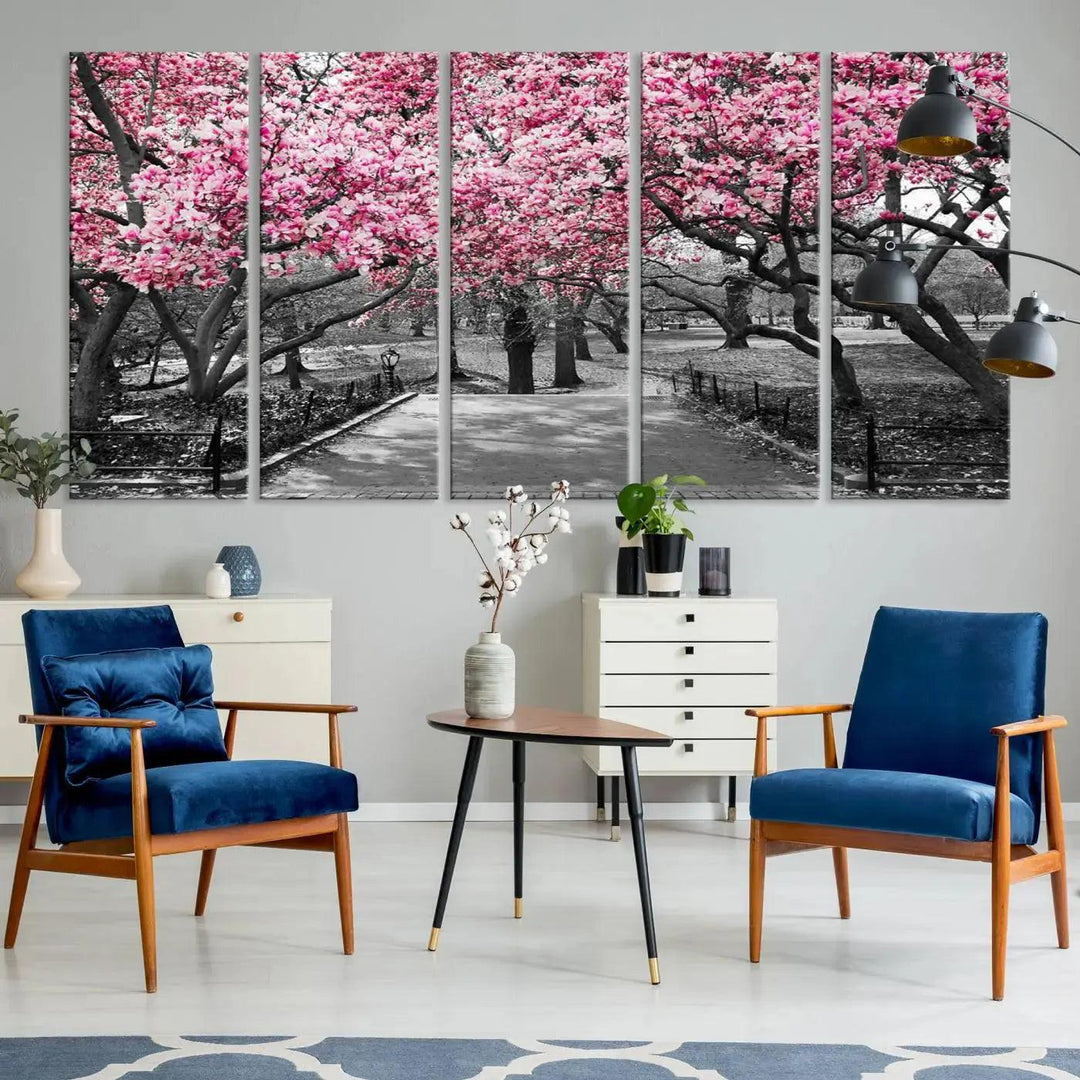 Large Pink Trees Black and White Landscape Nature Wall Art Canvas Print