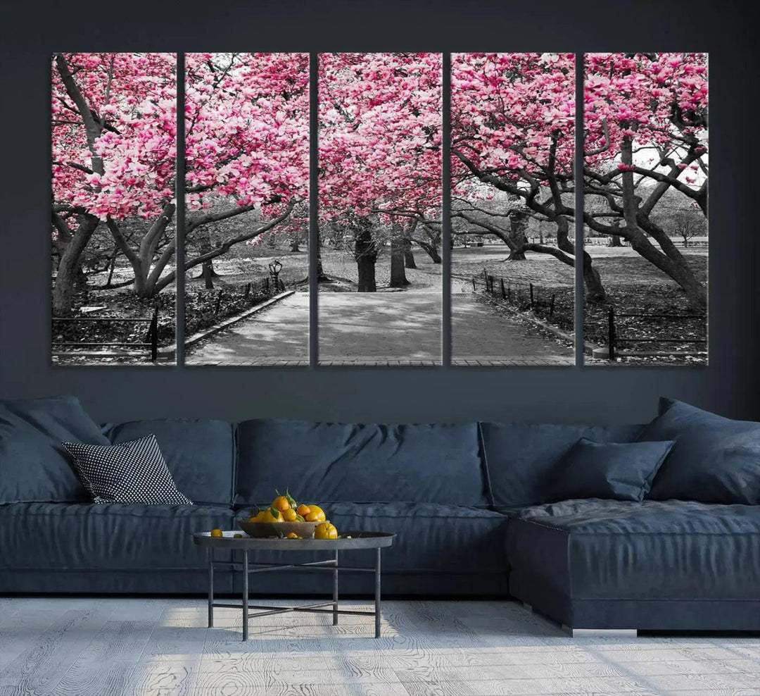 Large Pink Trees Black and White Landscape Nature Wall Art Canvas Print