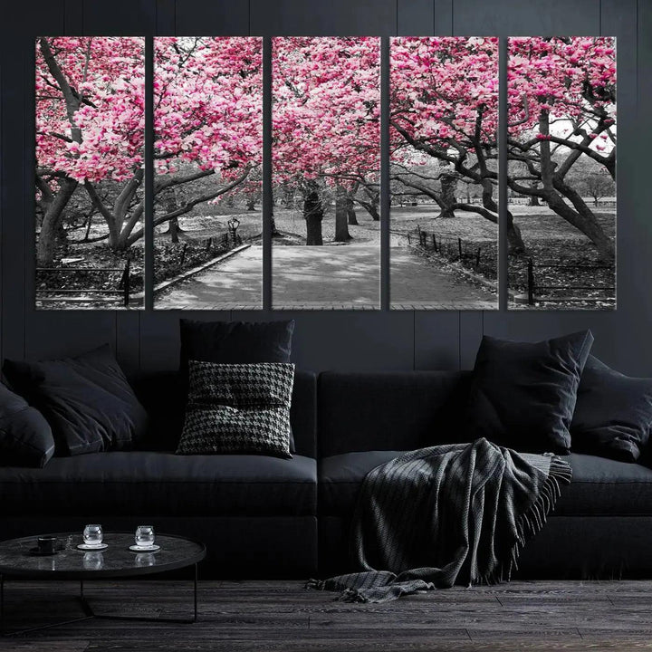 Large Pink Trees Black and White Landscape Nature Wall Art Canvas Print