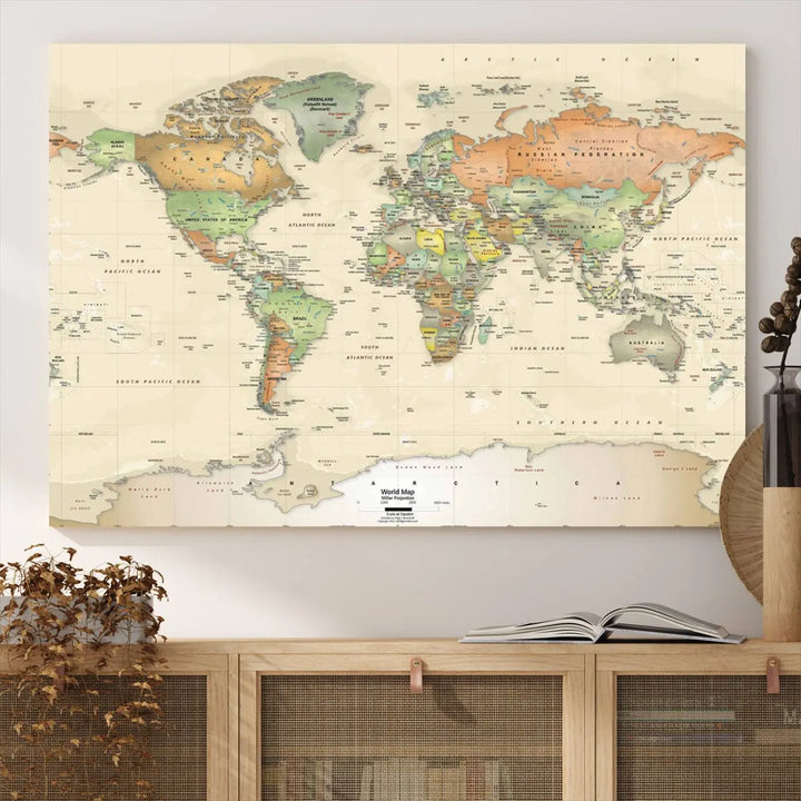 Large Push Pin World Map Wall Art Canvas Print