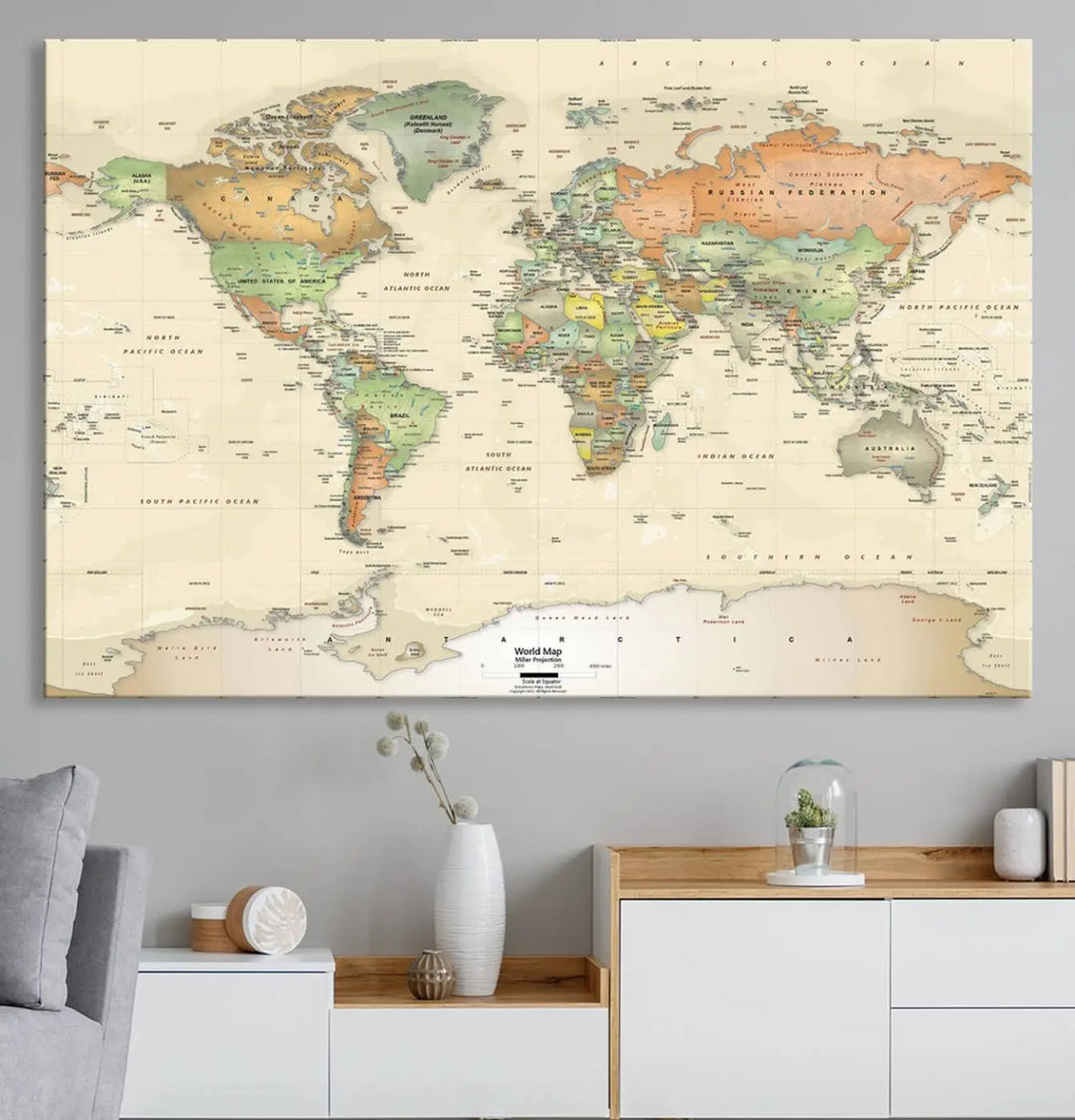 Large Push Pin World Map Wall Art Canvas Print