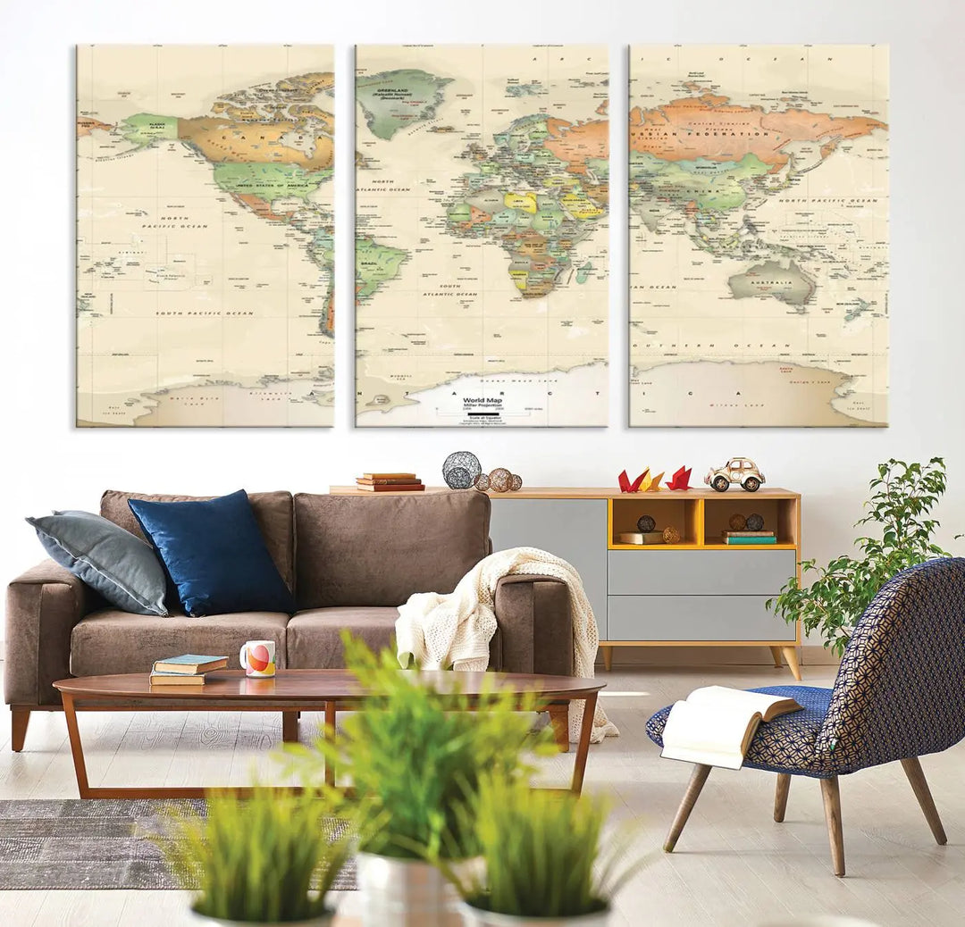 Large Push Pin World Map Wall Art Canvas Print