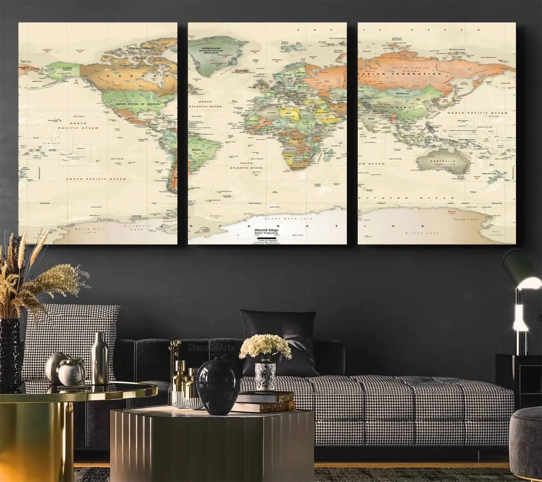 Large Push Pin World Map Wall Art Canvas Print