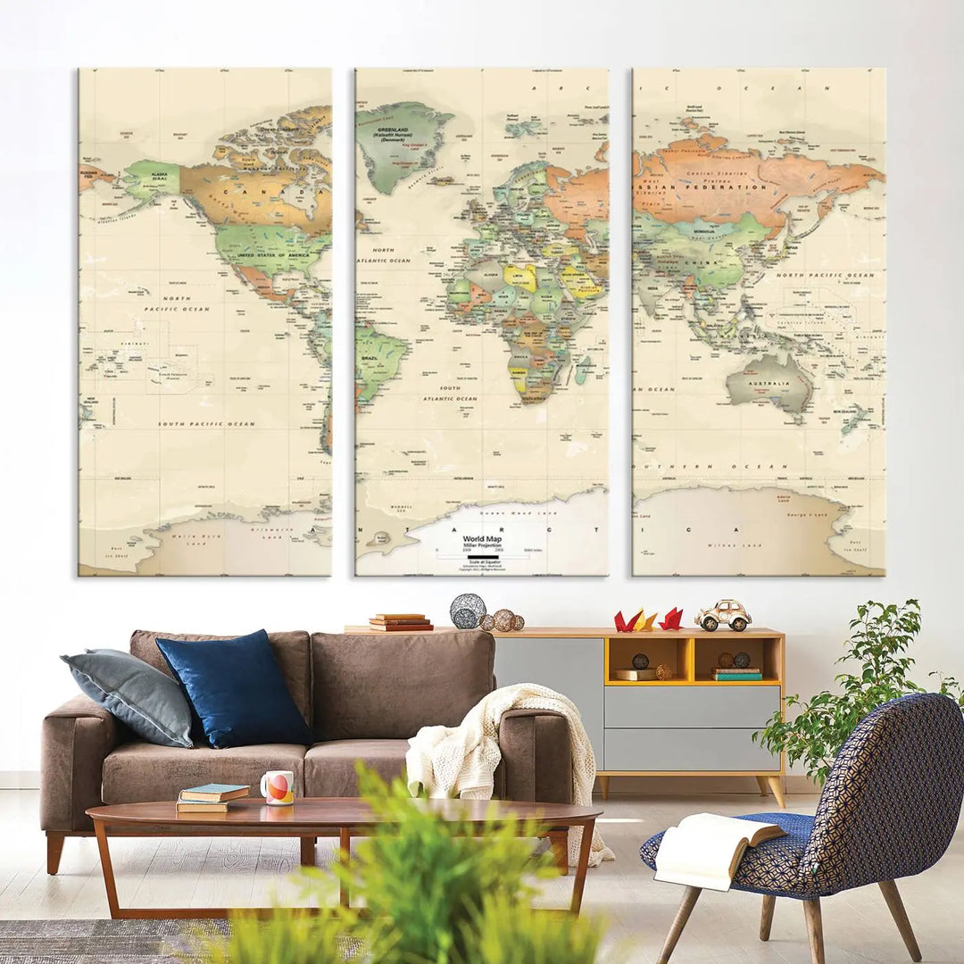 Large Push Pin World Map Wall Art Canvas Print