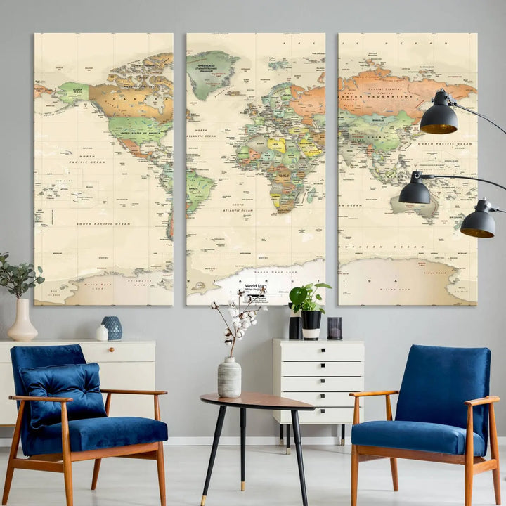 Large Push Pin World Map Wall Art Canvas Print