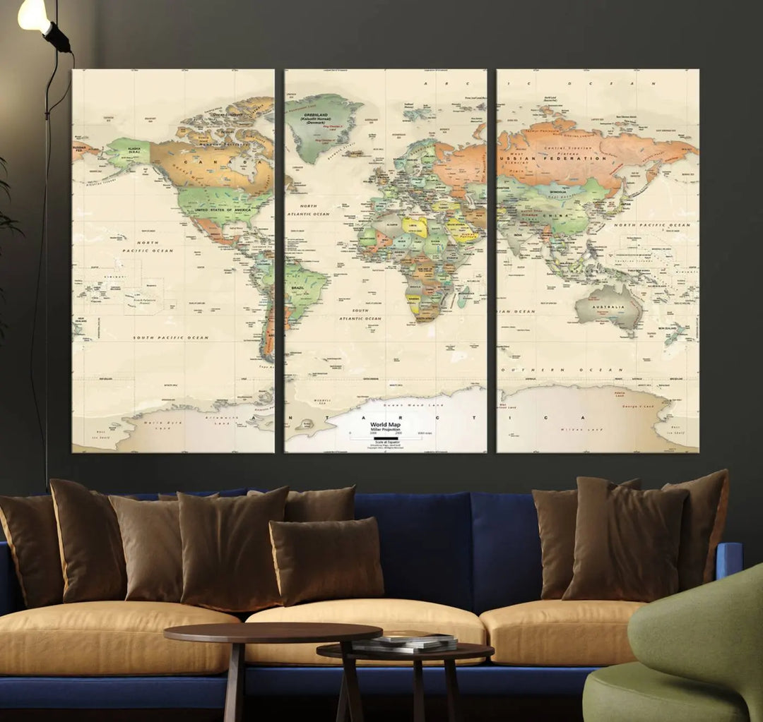 Large Push Pin World Map Wall Art Canvas Print