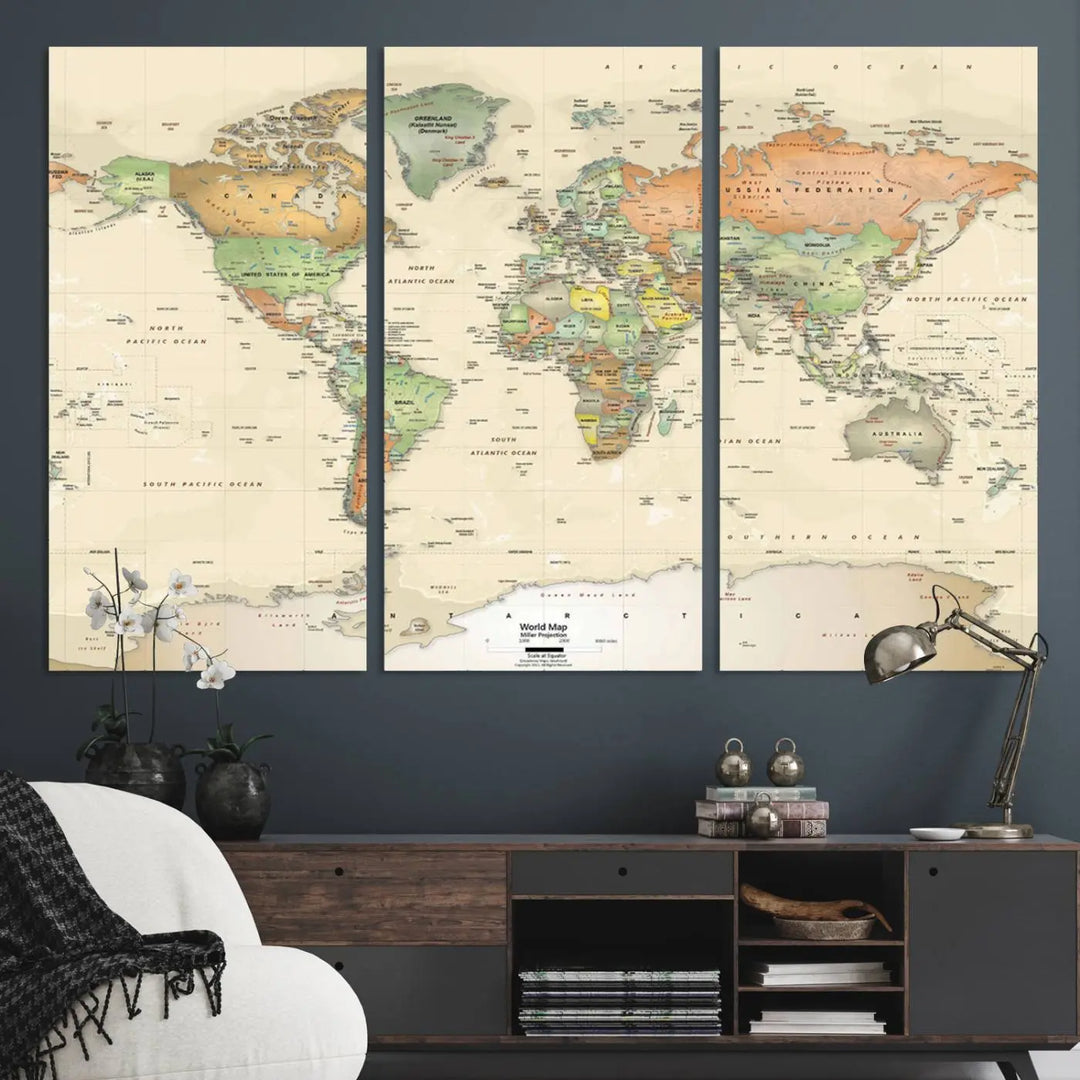 Large Push Pin World Map Wall Art Canvas Print