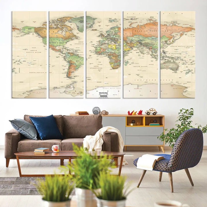 Large Push Pin World Map Wall Art Canvas Print