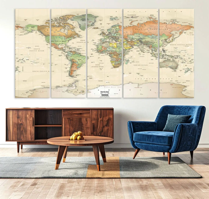 Large Push Pin World Map Wall Art Canvas Print