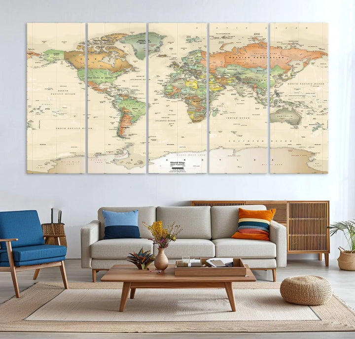 Large Push Pin World Map Wall Art Canvas Print