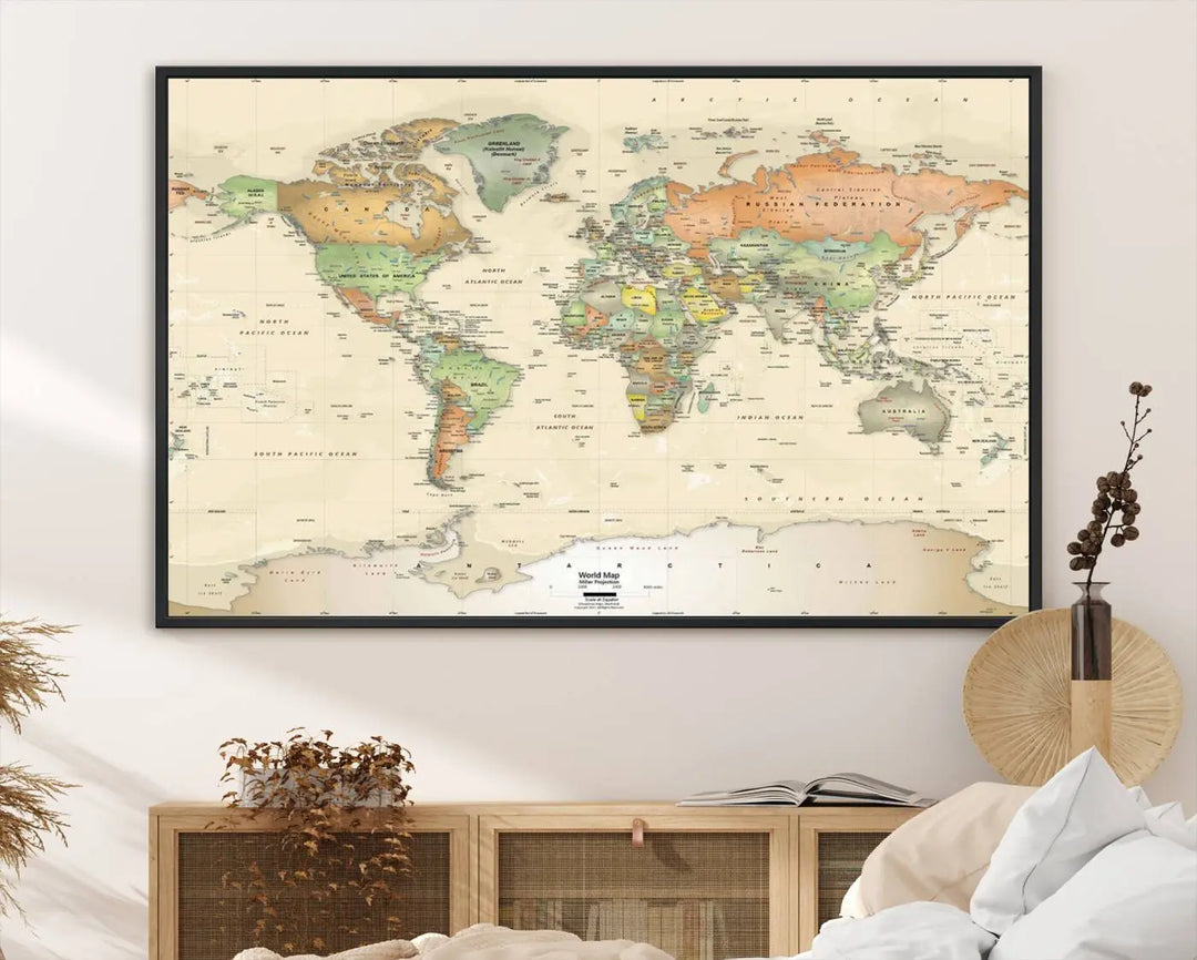 Large Push Pin World Map Wall Art Canvas Print