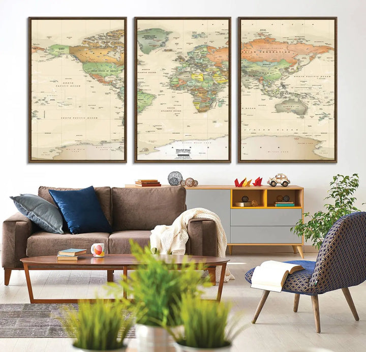 Large Push Pin World Map Wall Art Canvas Print